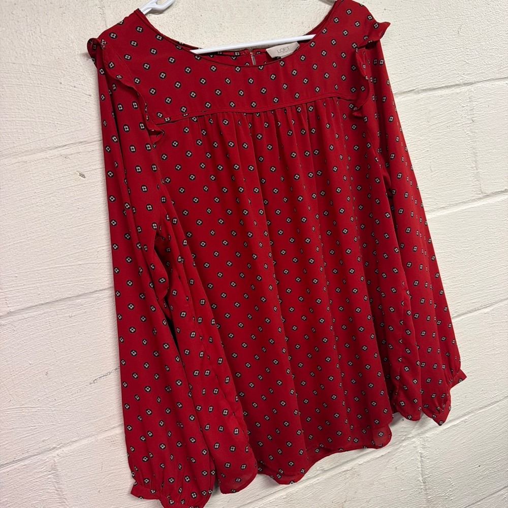 Loft Outlet Womens Red Geometric Diamond Print Ruffle Shoulder Blouse XL - Picture 4 of 8